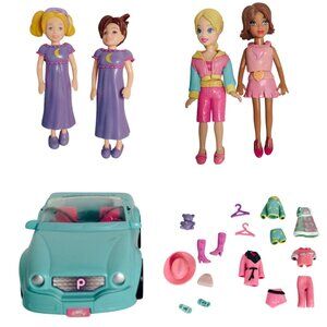 Polly Pocket Blue Convertible Car 4 Dolls Fashion Accessories Shoes 36 pc P19